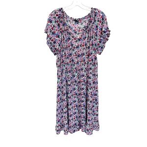 Talbots Purple Multi Floral Ruffle Neck Tiered Dress Short Sleeve - Size 16